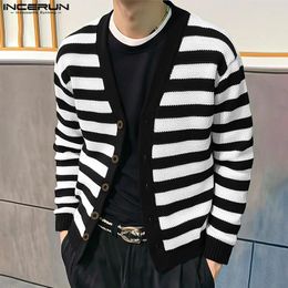 Men's Casual Shirts 2024 Striped Shirt V Neck Long Sleeve Cardigan Spring Korean Style Streetwear Fashion Men Clothing S-5XL INCERUN