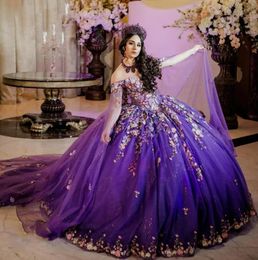 Lavender Purple Off Shoulder Ball Gown Quinceanera Dresses Beading 3D Flowers Appliques Lace Tull Corset Vestidos De 15 Anos