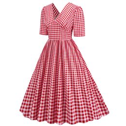 Dress 50s 60s Vintage Plaid Big Swing Party Dress Summer Fall Short Sleeve Pin Up Sundress Robe Women Casual Swing Rockabilly Dresses