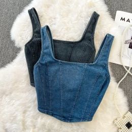 Camis Vintage Denim Tanks Camis for Women Almighty Casual Sleeveless Zipper Spliced Femme Corset Crop Tops Elegant Chic Tank Camisoles