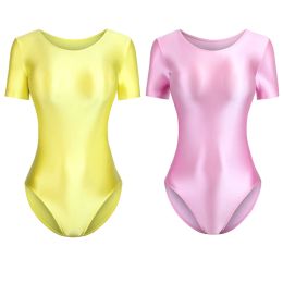 Swimwear sexy women silky glossy onepiece japanese swimsuit oily tights shapewear Shiny short sleeve bodysuit plus size Men's swimwear