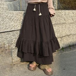 skirt Ladies Pleated Skirt Women Swing Midi Skirt Ruffle Hem Boho Style Shirred Maxi Skirt Solid Colour Loose Vintage Daily Outfit