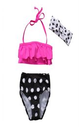 Summer kids girls pink rruffles swimsuit dot swimwear with headband children split swimsuits girls Bikinis children beach boutique8267591