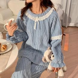 Women's Sleepwear 2024 Winter Sweet Lace Princess Long Sleeve Thick Warm Flannel Pajama Sets For Women Korean Cute Homewear Home Clothes
