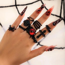 Cluster Rings Gothic Black Oil Drip Cross Skull Set Women Heart Spider Wing Adjustable Red Crystal Knuckle Ring Halloween Punk Jewellery