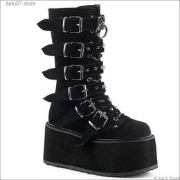 Boots Punk Brand New Womens Mid-calf Gothic Metal Buckle Wedges High Heels Platform Long Cosplay Shoes For Women MujerH2435