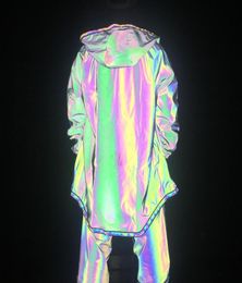 Men Colourful Full Reflective Long Hooded Jacket Street Dance Nightclub Shiny Dazzle Outdoor Running Leisure Windbreaker Coat1548769