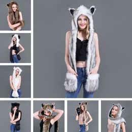 3 In 1 Women Men Fluffy Plush Animal Wolf Leopard Hood Scarf Hat with Paws Mittens Gloves Thicken Winter Warm Earflap Bomber Cap 2310r