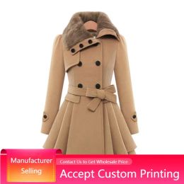 Blends Women Wool Coat Dress Jacket Slim Windbreaker Sexy Long Woolen Trench Belted Pea Coat Double Breasted Ladies Winter Clothing