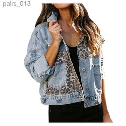 Women's Jackets Short Denim Jackets for Leopard Patchwork Coat Female Ladies Jean Plus Size Xl 240305