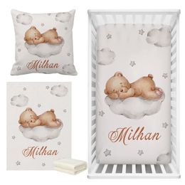 LVYZIHO Sleeping Bear Custom Name Crib Bedding Set Moon Cloud and Stars Baby Shower Personalised Crib Sheet For Boy And Girl 240229