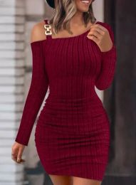 Dress Autumn and Winter New Solid Metal Button Oblique Shoulder Neck Tight Wrap Hip Slim Fit Sexy Long Sleeve Dress for Women