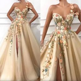 Sexy Split Flowers One Shoulder A line Tulle Prom Dresses Backless Evening Gowns