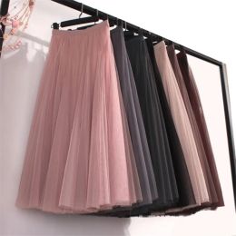 skirt Plus Size High Waist Tulle Skirts Womens Long Pleated Skirt Black Pink Elegant Maxi Skirt Female Spring Summer Korean Mesh Skirt