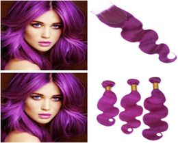 Body Wave Purple Coloured 4x4 Lace Closure Piece with 3Bundles Cheap Malaysian Purple Human Hair Weave Weft Extensions with Closure4601812