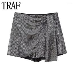 Skirts TRAF 2024 Woman Sequins Skirt Silver High Waist Mini Shorts Women Shiny Knot Women's Skort Autumn Elegant Short