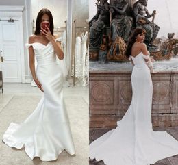 Zarif Kılıf Denizkızı Gelinlik Seksi Omuz Kabağı Uzak Pileler Uzun Saten Gelin Gowns Özel Yapım Robes De Mariage Beyaz/Fildişi BC18300