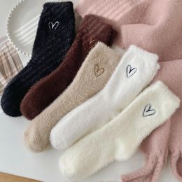 Women Socks Women'S Autumn And Winter Mid Calf Thickened Warm Mink Velvet Pile Solid Colour Love With For Calcetines Mujer