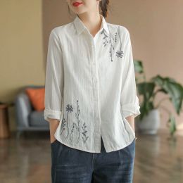 Shirt Cotton Women's Shirt Embroidery Elegant Blouse Long Sleeve Top Vintage Clothing Button Up White Shirts Ladies Office Outfit 2023