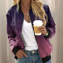 Jackets Floral Gradient Bomber Jackets for Women Elegant Office Ladies Slim Jackets 2023 Autumn Stand Collar Zip Up Coat Outwear Vestes