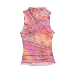 Women's Tanks 2024 Summer French Tulle Vintage Printing Fold Decoration Short Style Top Stand Collar Sleeveless Fashion Vest