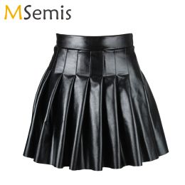 Dresses Gothic Women High Waist Wet Look Pleated Skirt Pu Leather Y2k E Girls Ladies Aline Flared Miniskirt Rave Dance Sexy Clubwear