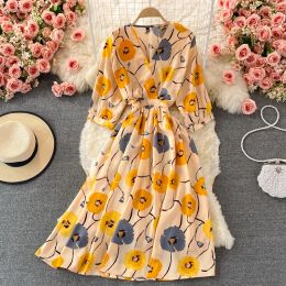 Dress Summer Chic Vneck Chiffon Dress Floral Elegant Highwaisted Dresses Aline Korean Fashion Vestidos Women Clothes Dropshipping