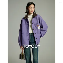 Women's Jackets Toyouth Women Thickened Corduroy Jacket 2024 Winter Long Sleeve Polo Neck Loose Coat Embroidery Fashion Warm Khaki Purple