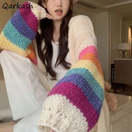 Cardigans Cardigans Women Autumn Winter Rainbow Striped Loose Office Ladies Korean Stylr Lovely Knitted Sweaters Simple Long SleeveCasual