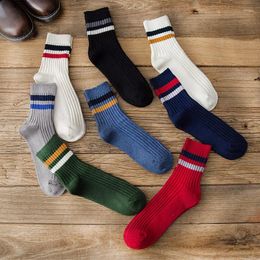 Men's Socks Cotton Double Needle Japanese Two Bar Stripe Mid-Tube INS Trend School Spring Sports Elastic Sock