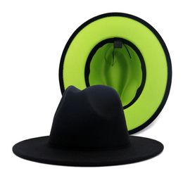 Black with Lime Green Bottom Patchwork Jazz Fedora Hats with Black Felt Band Womens Man Wide Brim Wool Felt Panama Hat192i