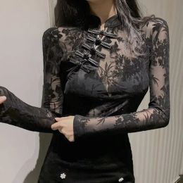 Dress Black Sexy Top for Women See Through Lace Shirts and Blouses Fashion Woman 2023 Long Sleeve Slim Turtleneck