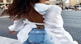 Spring New Women Lace Puff Sleeve Bandage Crop Top Blouse Deep VNeck Sexy Ladies Shirts Solid Black White Blouses Tops14345601