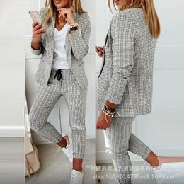 Woman Temperament Commuting Pants Sets Fashion Autumn Light Grey Plaid Slim Lapel Long Sleeve Blazer Drawstring Set 240219