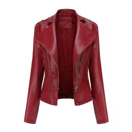 Jackets Women's Moto Biker Zipper Jacket Rivet 2023 Autumn Faux Leather Jacket Women Coat New Spring Pink Brown Wine Red Purple Black XS