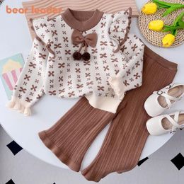 Clothing Sets Bear Leader Girls' Autumn/Winter Knit Set Ruffled Geometric Print Bow Hair Ball Top Pants Two Piece Sweater