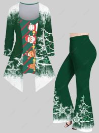 Suits New Women's Painting Splatter Santa Claus Elk Snowman Pentagram Christmas 3D Print 2 in 1Tshirt Or Flare Pants Matching Suit