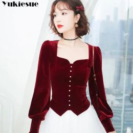 T-Shirts Vintage Womens tshirts Square Collar Lantern Sleeve Wine Red Black Velvet T tee shirt Top Blouse Woman Velour Tops and Blouses