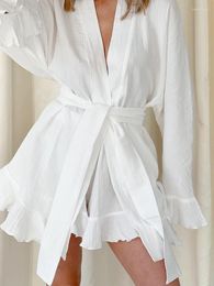 Women's Sleepwear Hiloc Ruffle Nightwear White 2 Piece Sets Cotton Long Sleeve Pyjamas Sashes Loose Suits With Shorts Female Set 2024