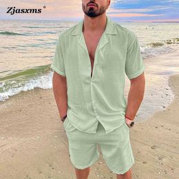 Men's Tracksuits Summer short sleeved button up shirt and short sleeved pants mens casual loose two-piece set 2023 mens beach holiday cotton linen set J240305