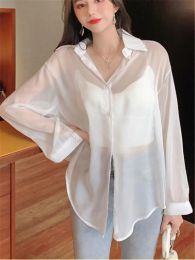 Shirt Summer Loose Sunscreen Shirt Women Back Slit Tie Longsleeved Thin Blouse Female Lapel Button Transparent Ultrathin Woman Shirt