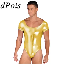 Stage Wear Men Gymnastics Jumpsuit Wetlook Patent Leather Bodysuit Homme Short Sleeve Fitness Skating Leotard Club Performance Dancewear