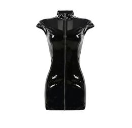 Sexy Nighty High Collar PVC Latex Faux Leather Fetish Gothic Zipper Woman Mini Lace Up Clubwear Black Pencil Dress8459913