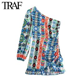 Dress TRAF Women Fashion Spring Summer New Side Zipper Pleat Print Long Sleeve Evening Dress One Shoulder Asymmetrical Mini Dress