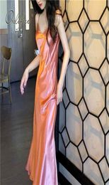 Ordi Summer Women Long Satin Slip Dress Spaghetti Strap Party Dress Vintage Pink Gold Black Silk Sexy Maxi Dress 2103236067878