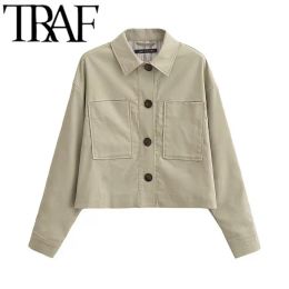 Jackets TRAF FANS 2023 Woman Fashion Solid Khaki Coat Casual Slim Double Pockets Turn Down Collar Single Breasted Outwear Mujer Y2K