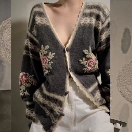 Cardigans Vintage Flowers Embroidery Deep V Neck Sweater Cashmere Knitted Cardigans Women Wool Knitwear Coat Femme Soft Mohair Jacket H365