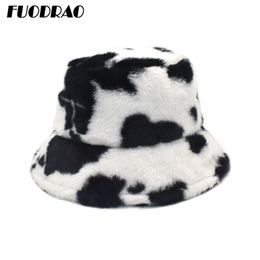 FUODRAO New Winter Cow Bucket Hat Women Faux Fur Girl Hat Fashion Warm Panama Outdoor Fisherman Cap Men 3Colors M135 201102216v