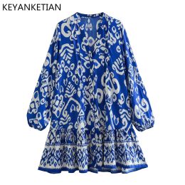 Dress KEYANKETIAN Spring New BlueAndWhite Porcelain Blue Totem Print Tribal Ethnic Style LongSleeved Dress Women Loose Mini Skirt