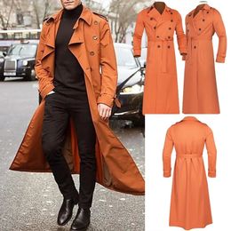 Mens Long Trench Coat Solid Color Long Sleeve Leisure Lapel Button Cardigan Coat Business Cloak Coat S-2XL 240305